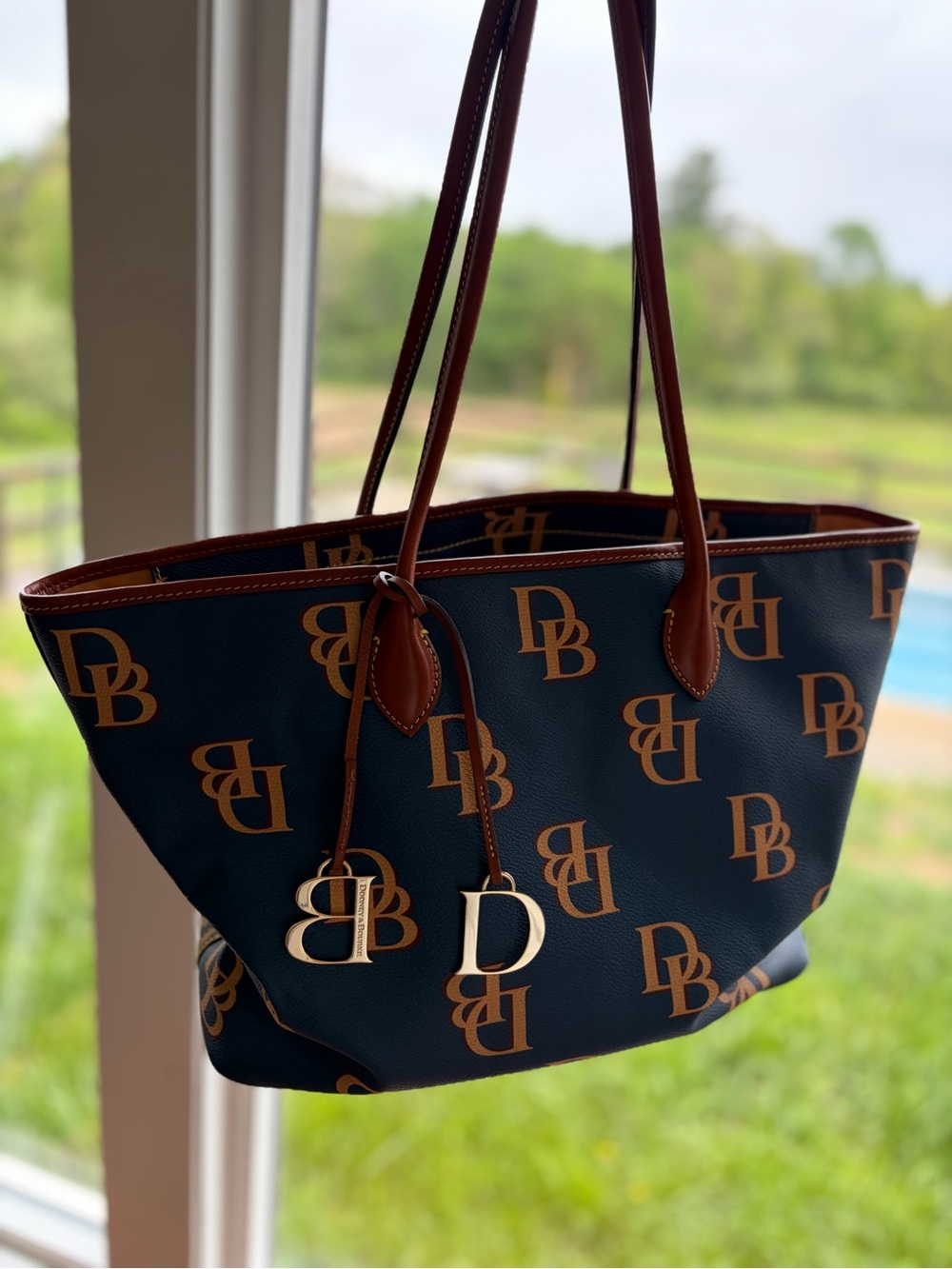 Dooney & Bourke Navy Logo Tote with Tan Trim - Picture 2 of 8